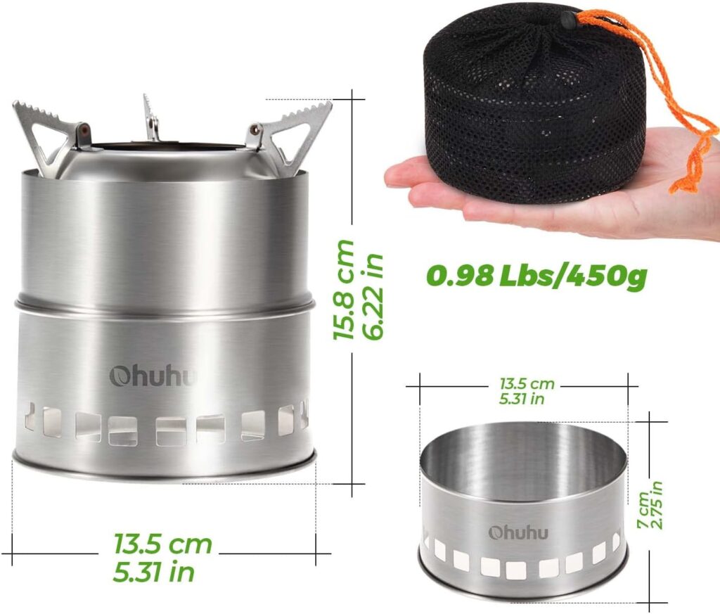 Camping Stove, Ohuhu Mini Wood Stove Stainless Steel Portable Stove, Backpacking Survival Stove Wood Burning Stove for Picnic BBQ Camp Hiking with Grill Grid and Carry Bag