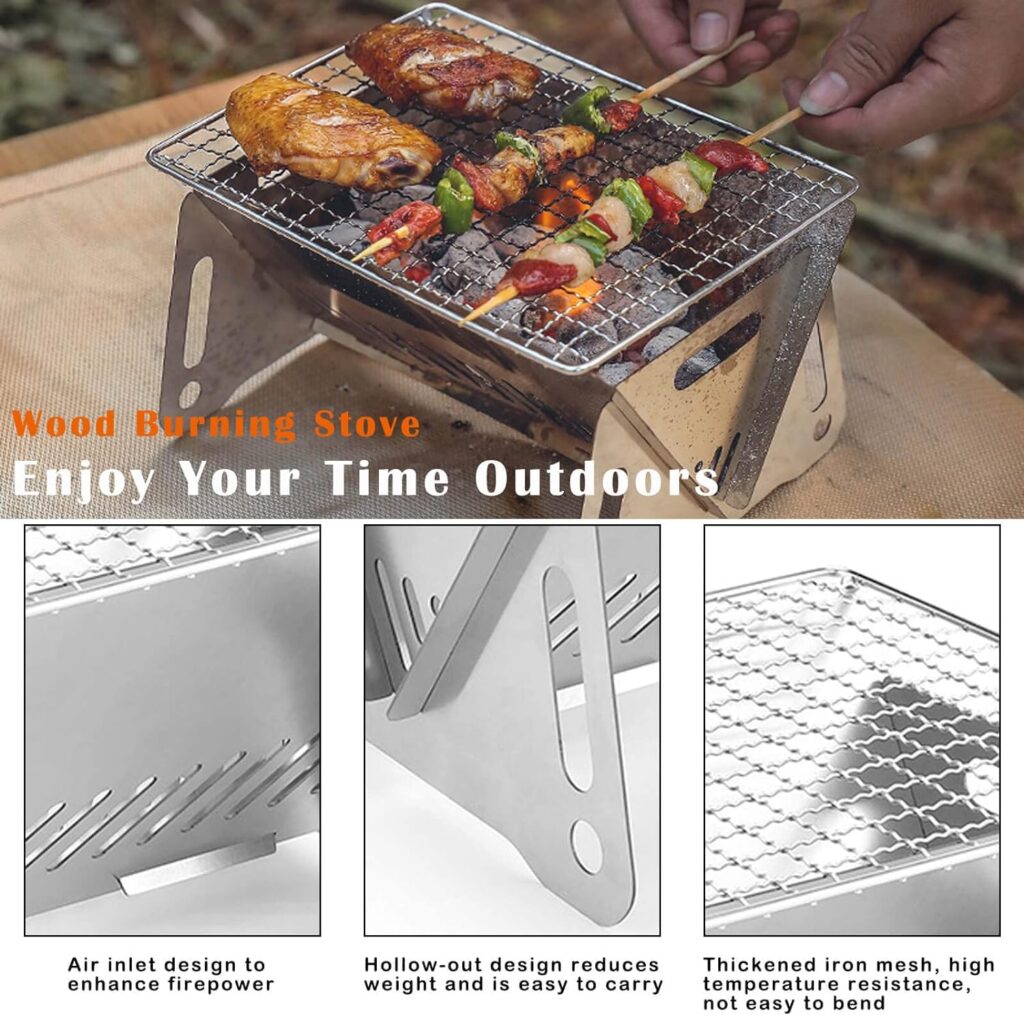 Portable Backpacking Stove with Grill Grid, Folding Stainless Steel Charcoal Grill, Ultralight BBQ Wood Burning Camp Stove for Hiking Picnic Garden Backyard Cooking