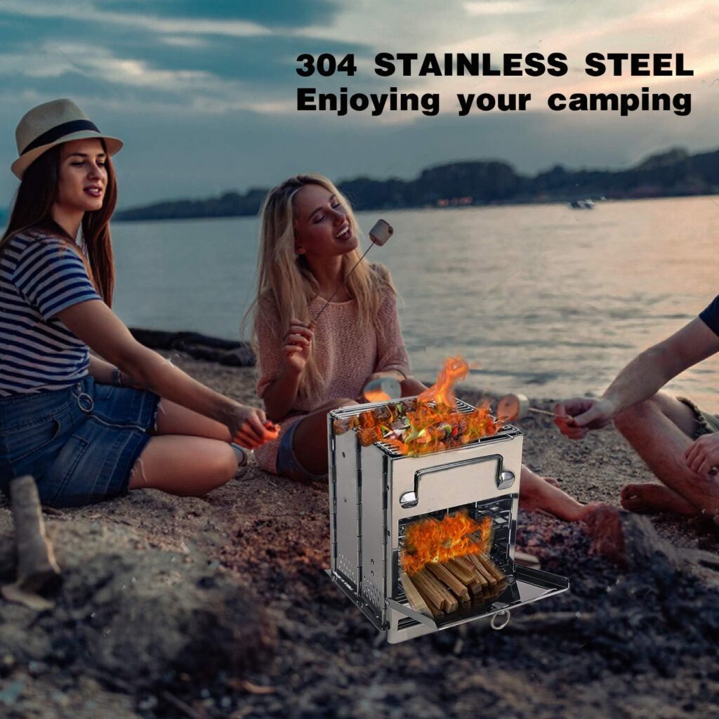 REDCAMP Wood Burning Camp Stove Folding Stainless Steel 304# Grill, Small Portable Backpacking Stove for Hiking Camping Picnic BBQ