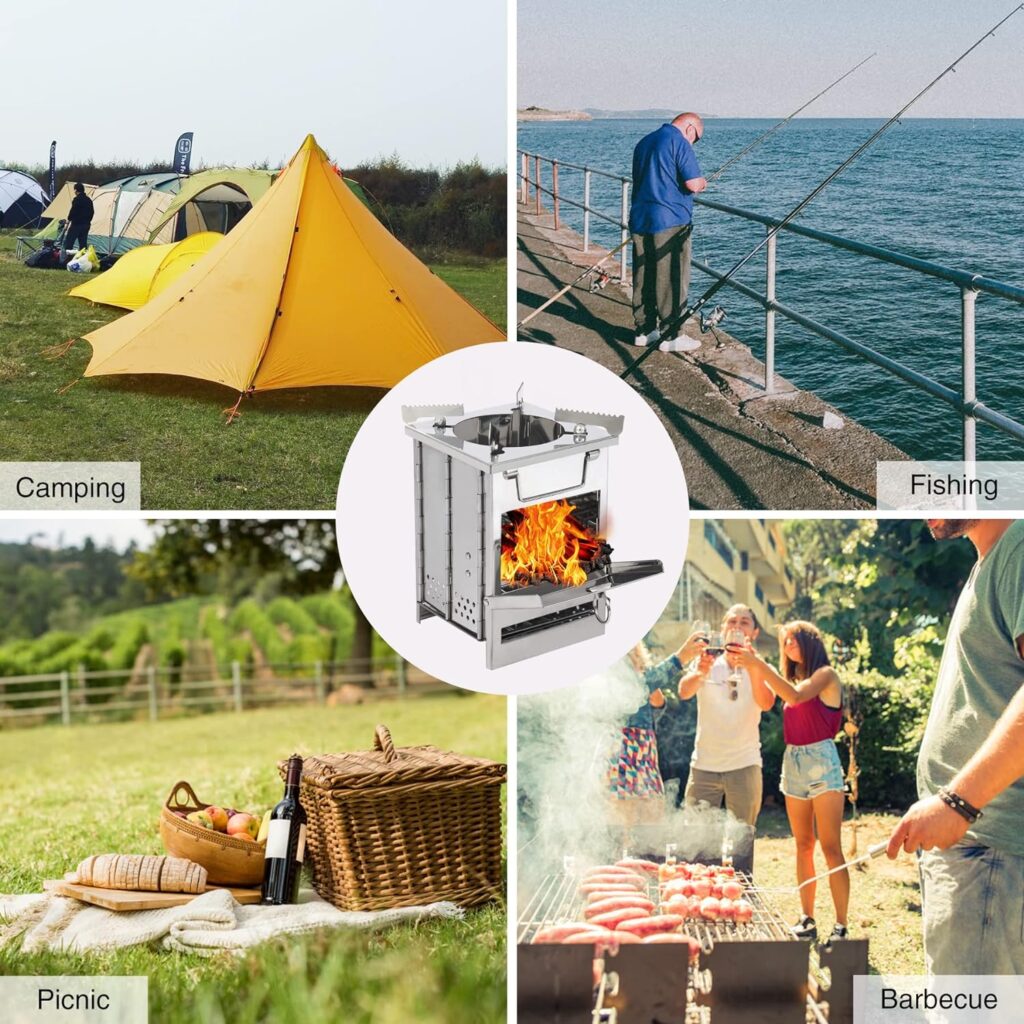 REDCAMP Wood Burning Camping Stove with Pot Stand, Folding Stainless Steel Backpacking Stove for Hiking Picnic BBQ Cooking Outdoor