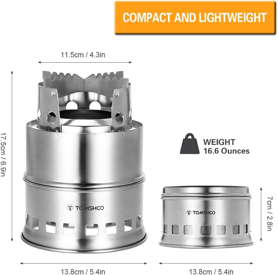 TOMSHOO Portable Folding Windproof Wood Burning Stove Compact Stainless Steel Alcohol Stove Outdoor Camping Hiking Backpacking Picnic BBQ