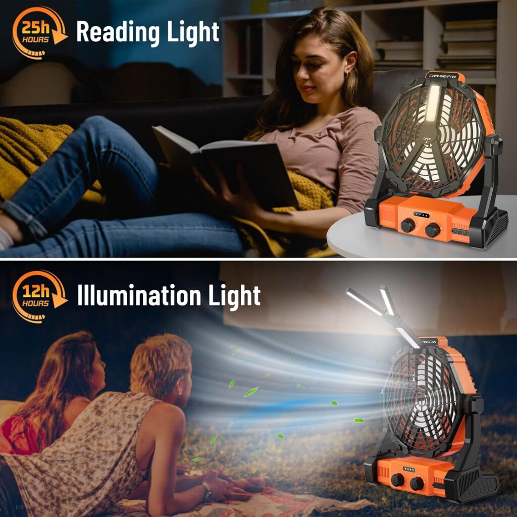 Camping Fan Portable Personal Fan with Light with 8000mAh Rechargeable Battery Hook 3 Speeds 2 Light Modes-Dry Cell Batteries Can Be Added