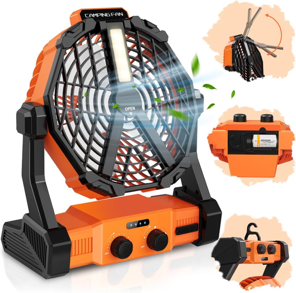 Camping Fan Portable Personal Fan with Light with 8000mAh Rechargeable Battery Hook 3 Speeds 2 Light Modes-Dry Cell Batteries Can Be Added