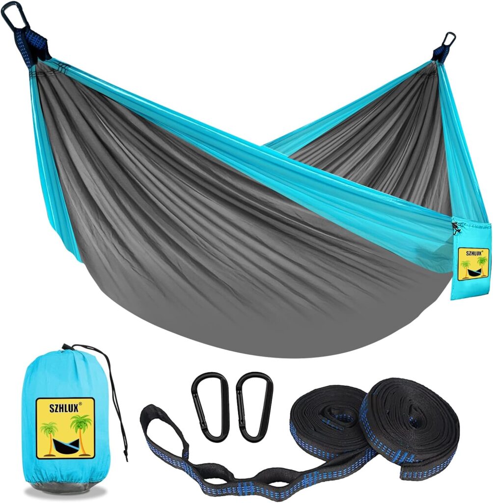 SZHLUX Camping Hammock Double  Single Portable Hammocks with 2 Tree Straps and Attached Carry Bag,Great for Outdoor,Indoor,Beach,Camping,Light Grey / Sky Blue